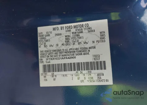 2010 Ford Ranger Xl/Xlt из США, поврежденный, VIN 1FTKR1ED1APA42900